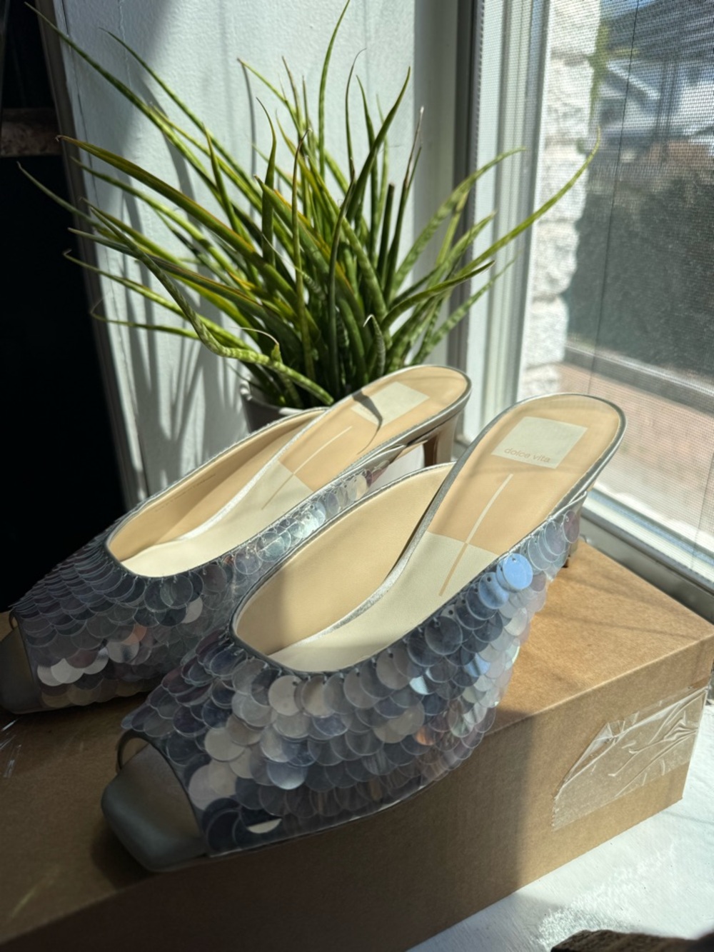 Dolce Vita Silver Sequin Peep-Toe Heels : Samary Confetti